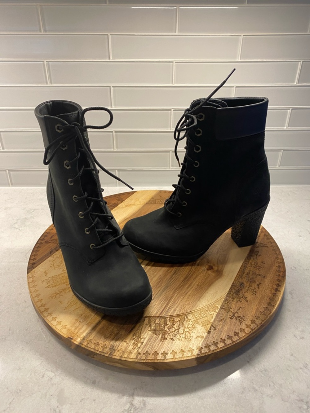 Timberland leather Black Lace-Up Block Heel Ankle Boots